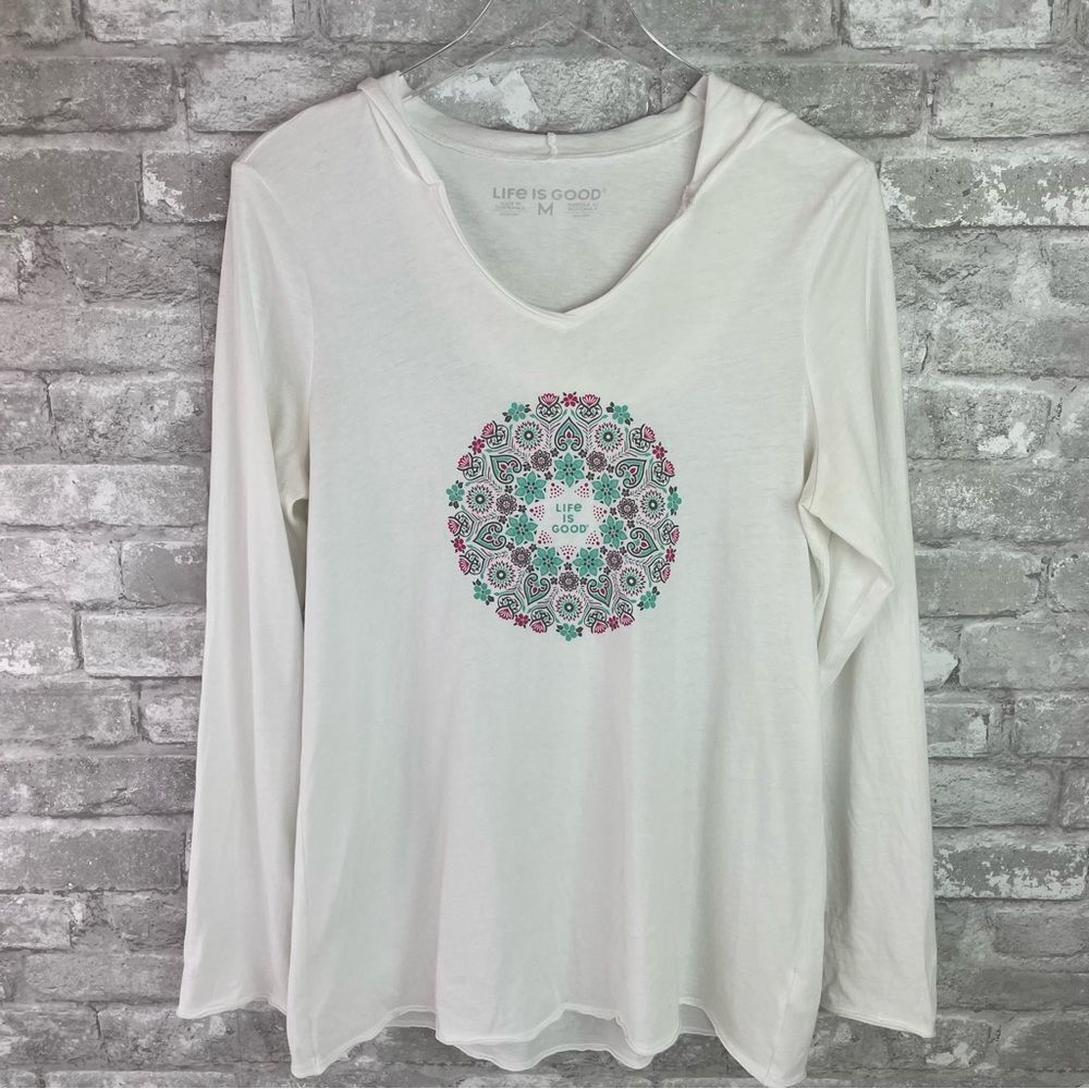 Life Is Good Women's Long Sleeve V-Neck Tee White with Pink & Teal Mandala